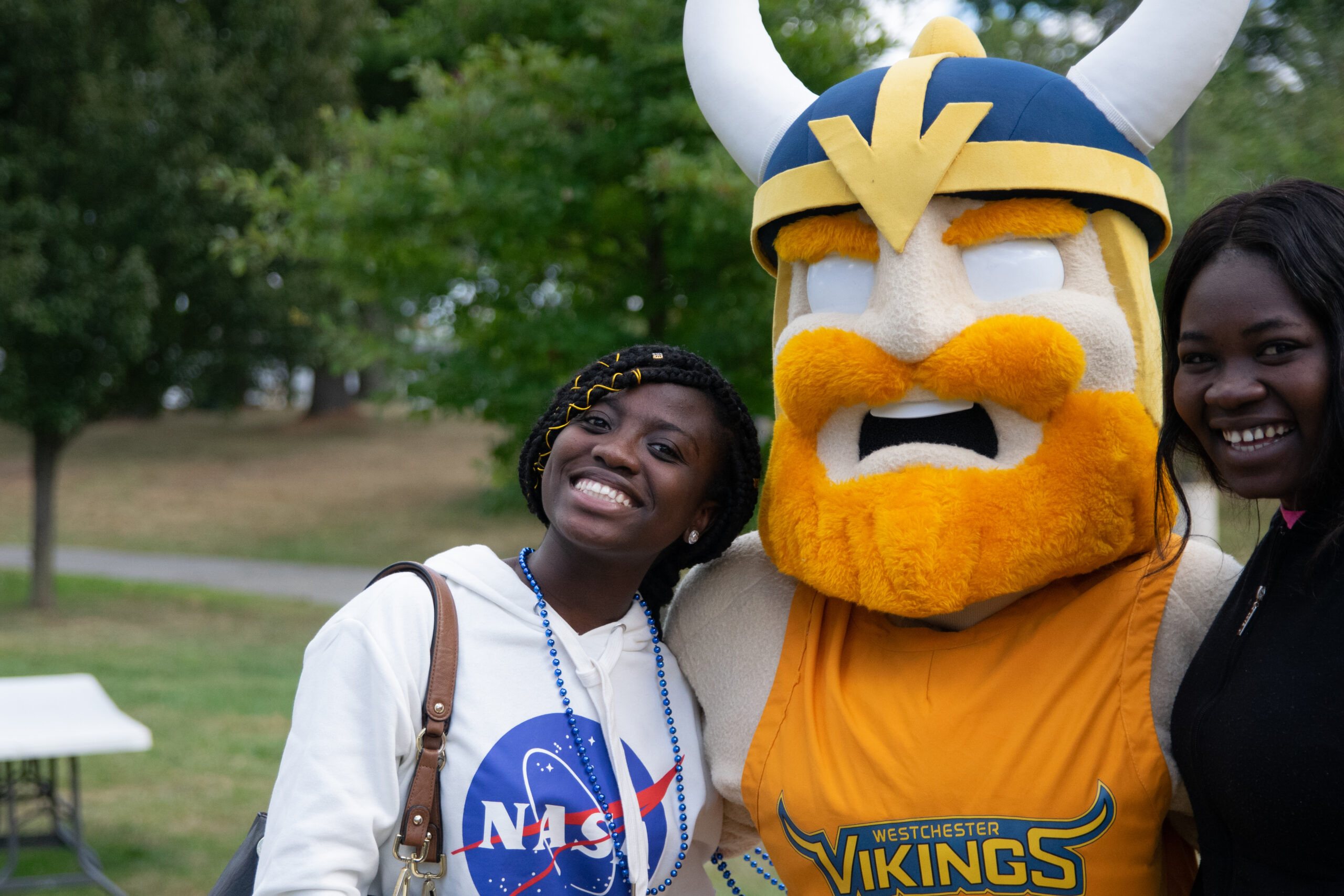 students with Viking Mascot