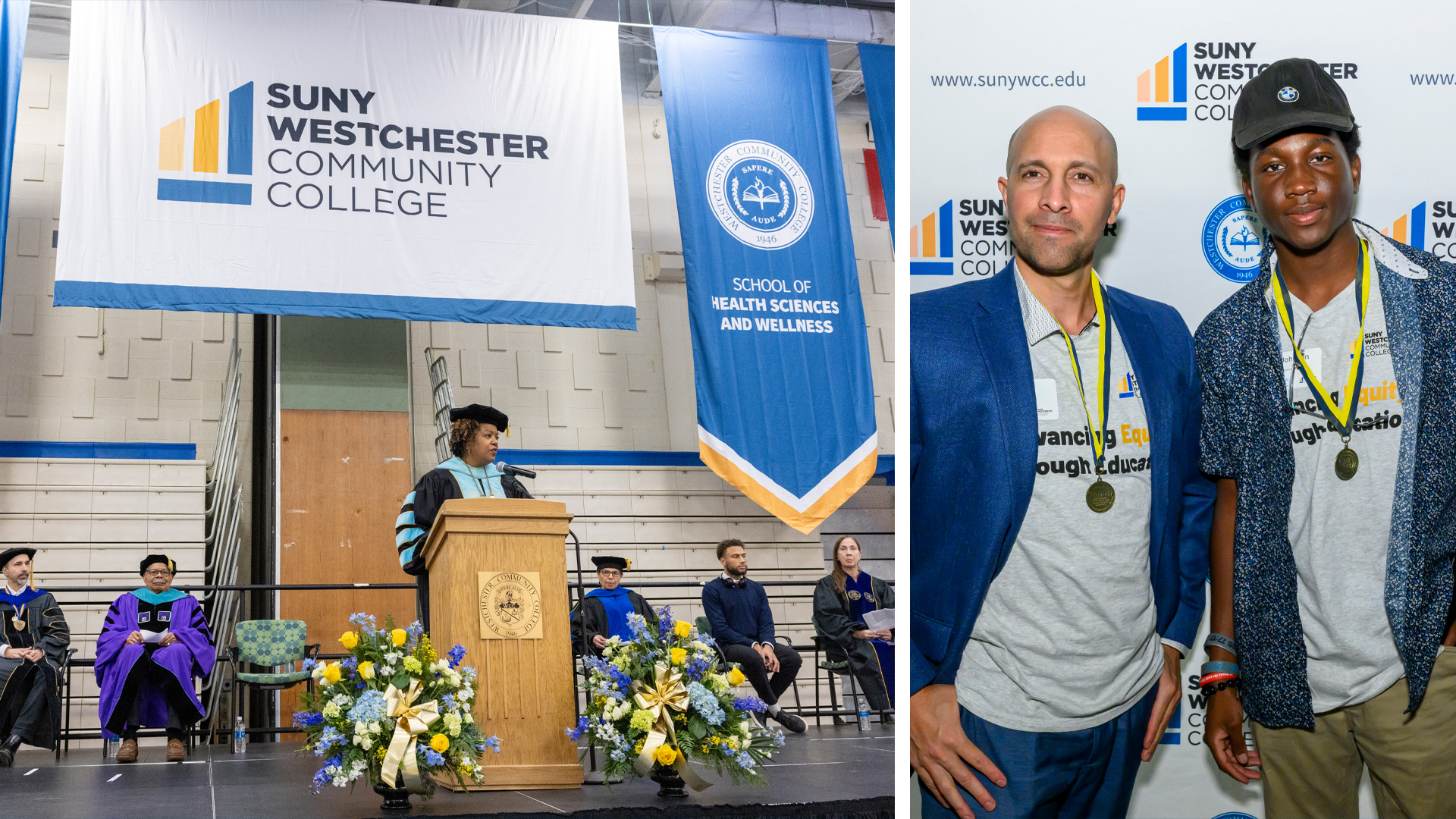 Dr. Miles speaking at commencement and scholarship-recipient students posing in front of the SUNY WCC logo