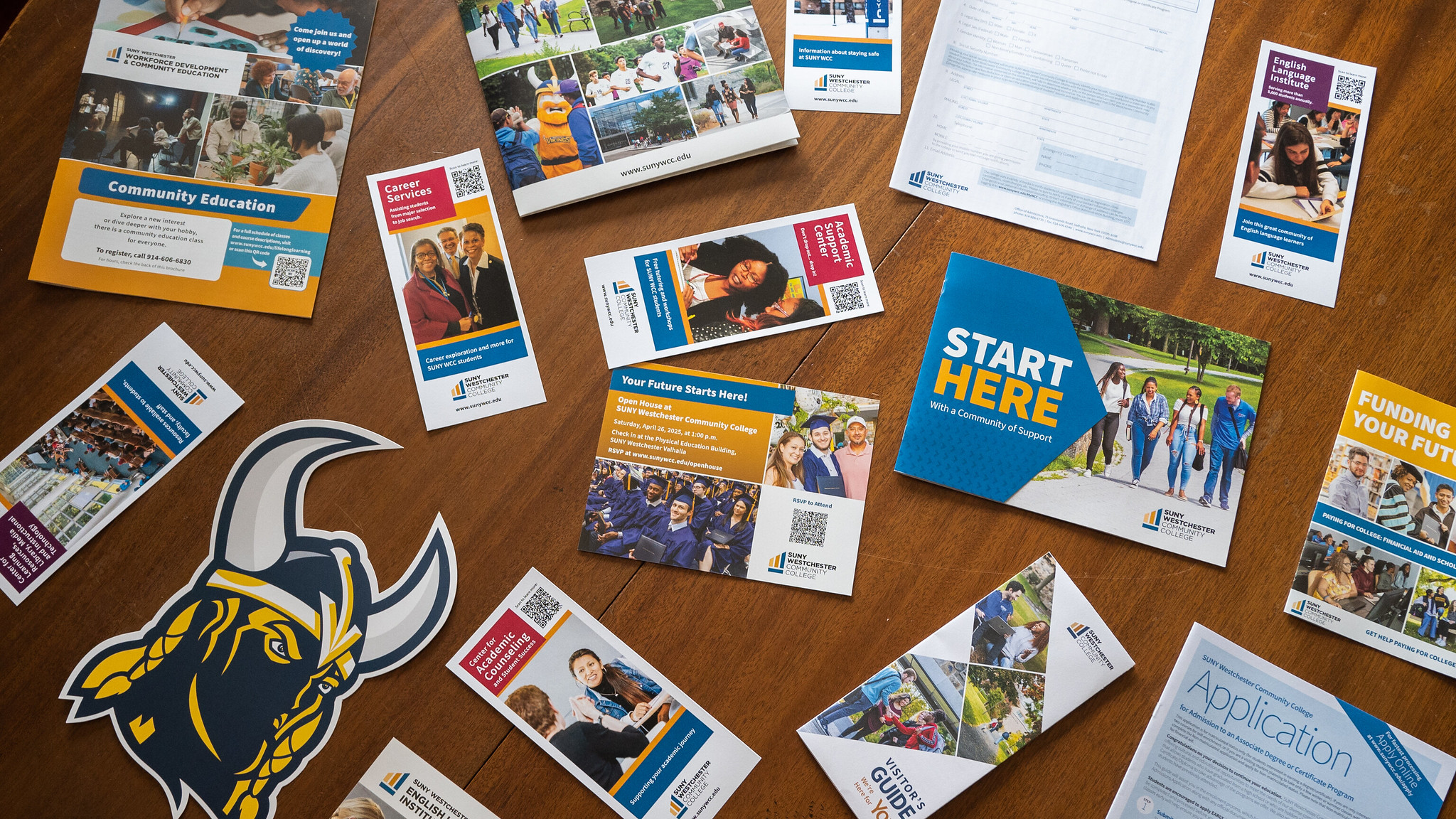 Publication samples on a table, viewed from above